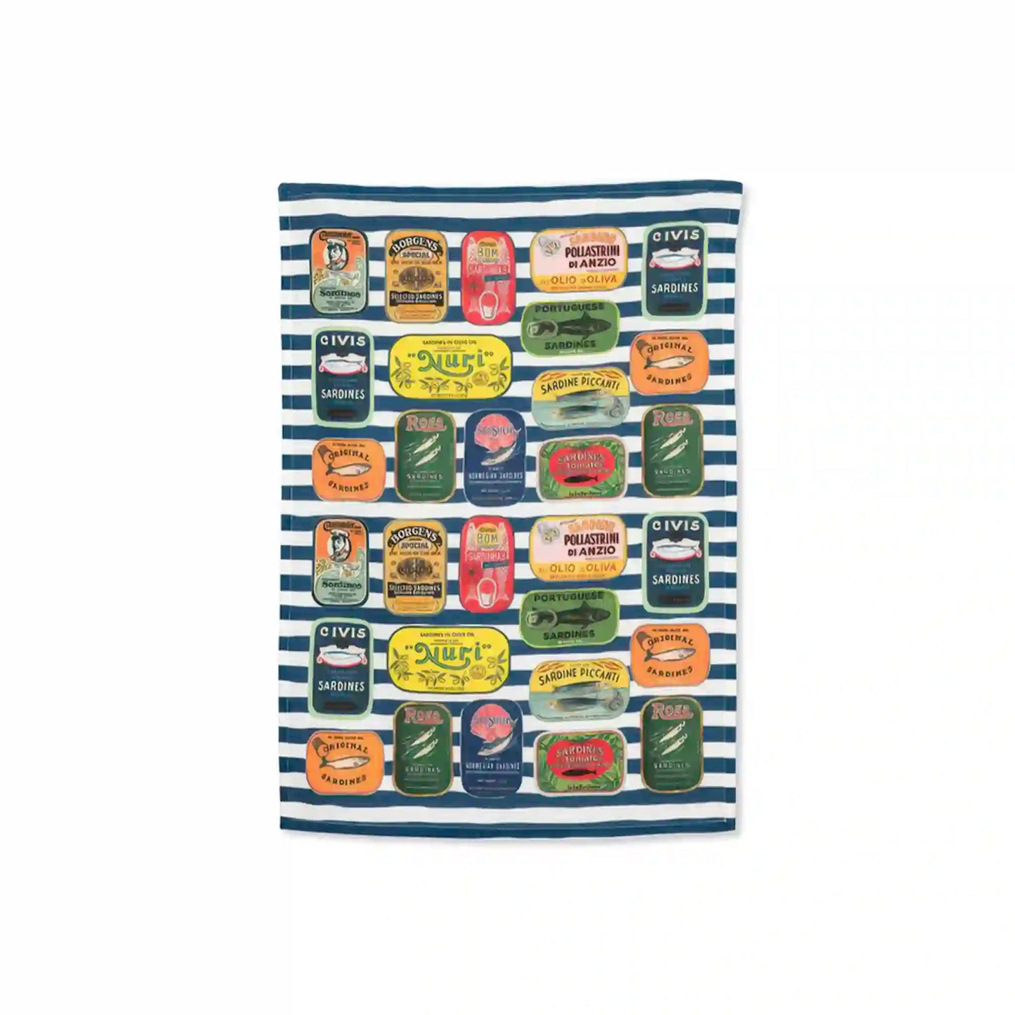 ABBOTT SARDINE TINS ON STRIPE KITCHEN TOWEL