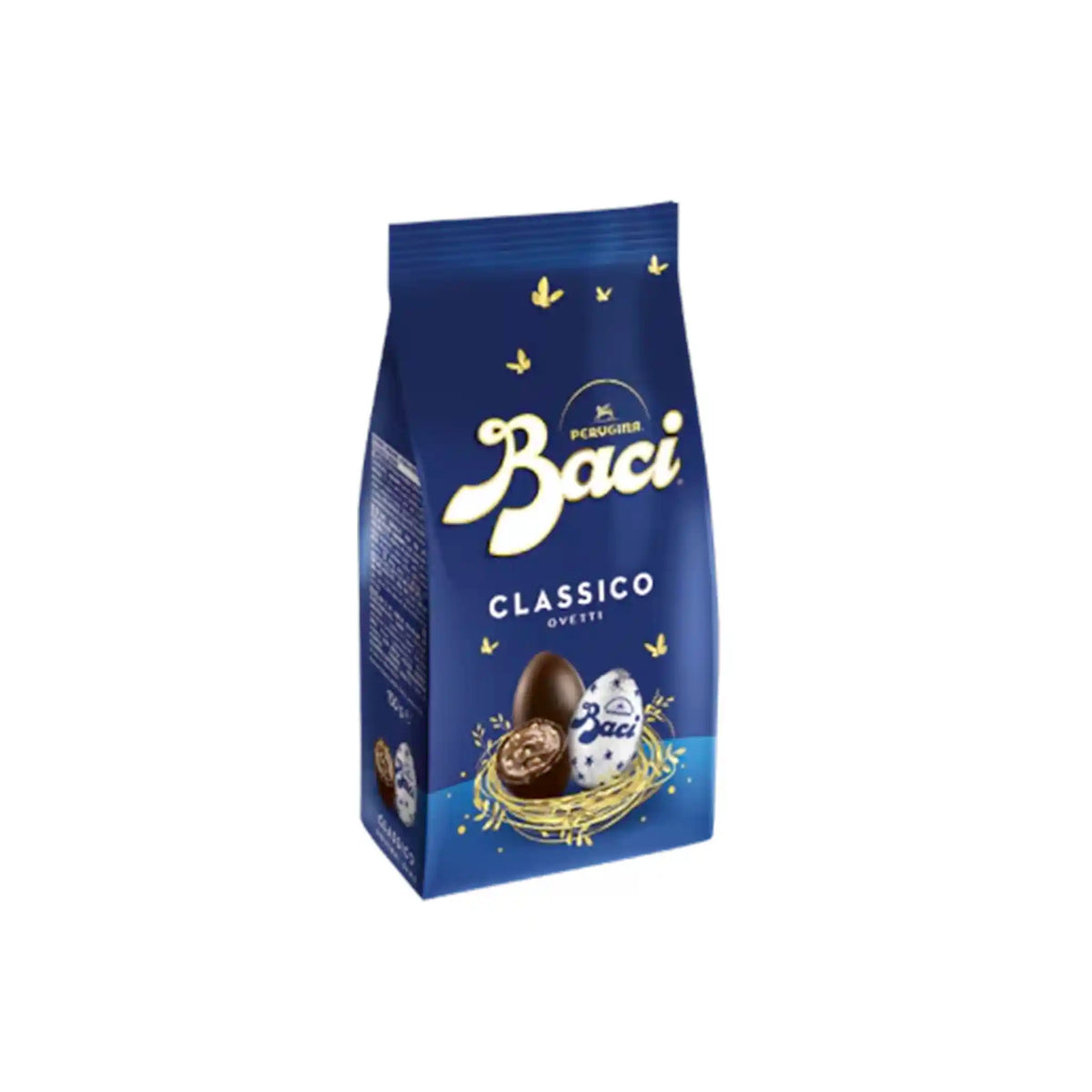 Perugina Baci Classico dark chocolate hazelnut mini Easter eggs in a 150g blue bag with gold accents.