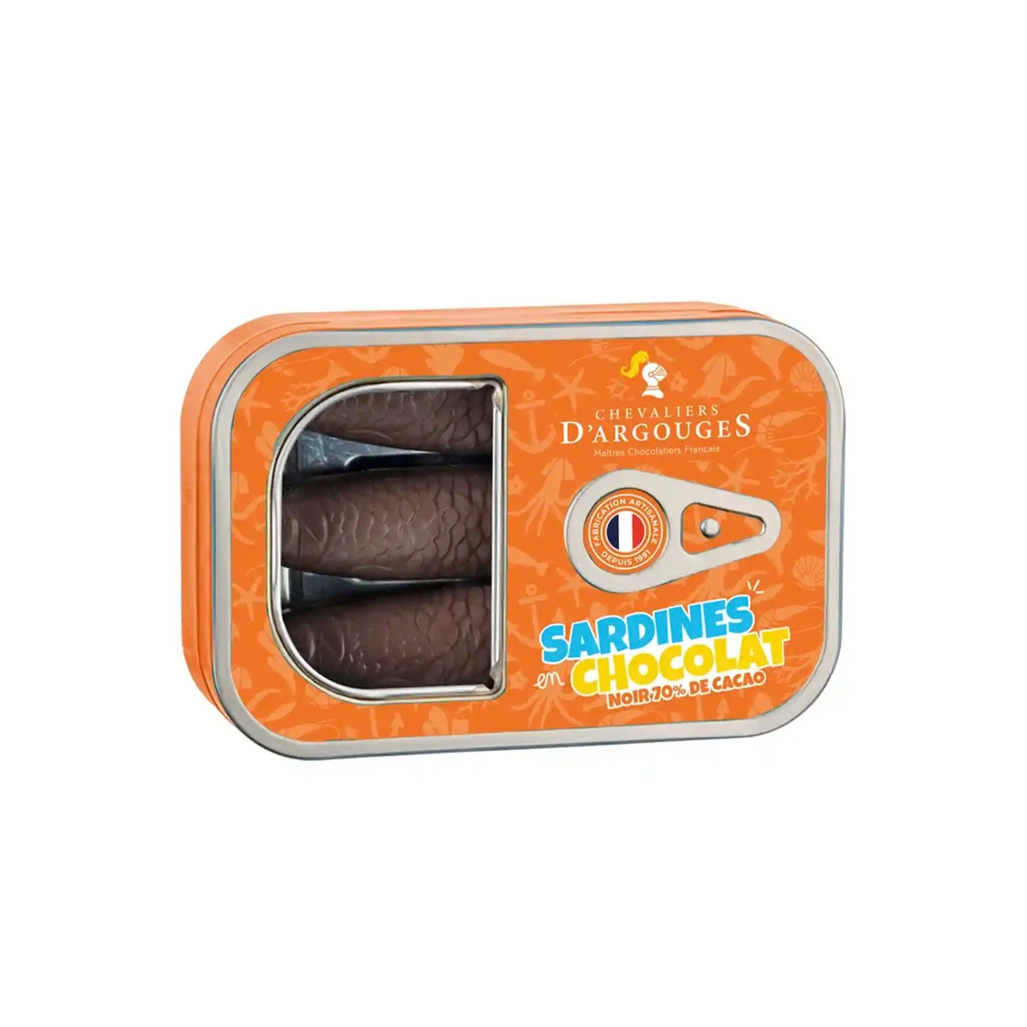 CHEVALIER D'ARGOUGES DARK CHOCOLATE SARDINES TIN 80g