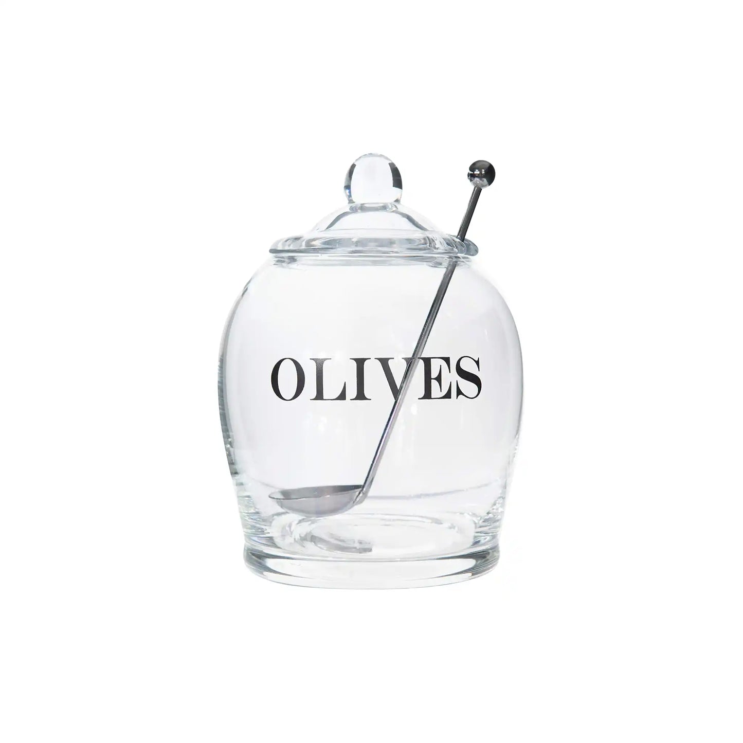 Creative Co-Op clear glass olive jar with lid and stainless steel serving spoon.
