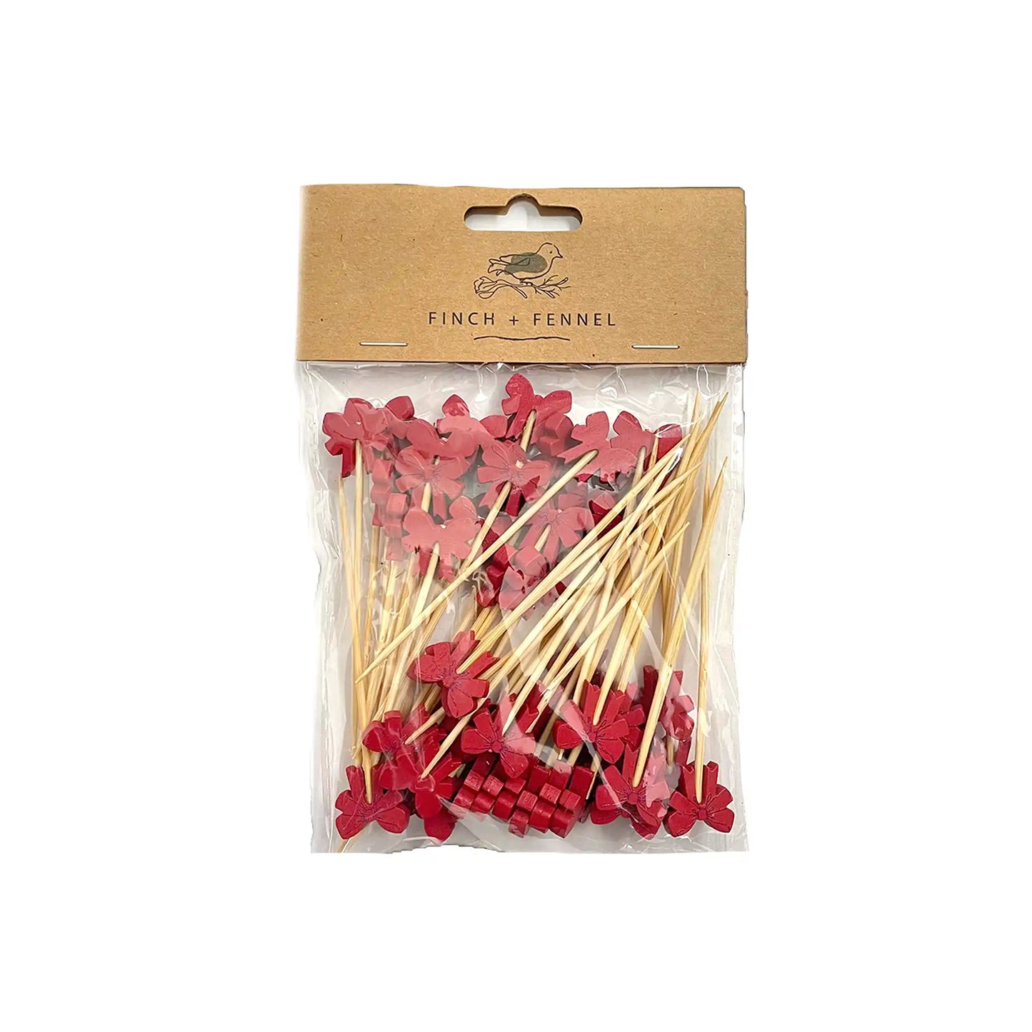 FINCH&FENNEL BAMBOO PICKS W/RED BOWS 50ct