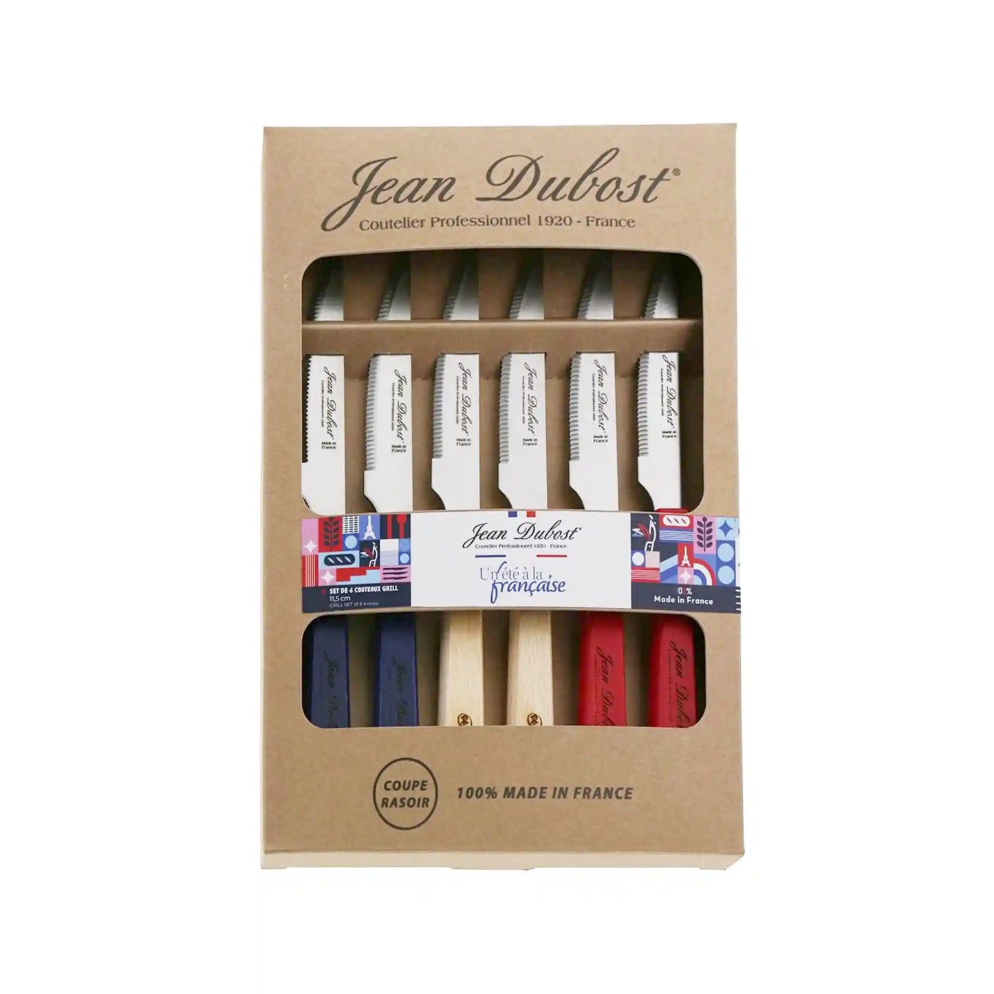 JEAN DUBOST LAGUIOLE PARIS COLORS 6 STEAK KNIVES WITH BEECHWOOD HANDLE