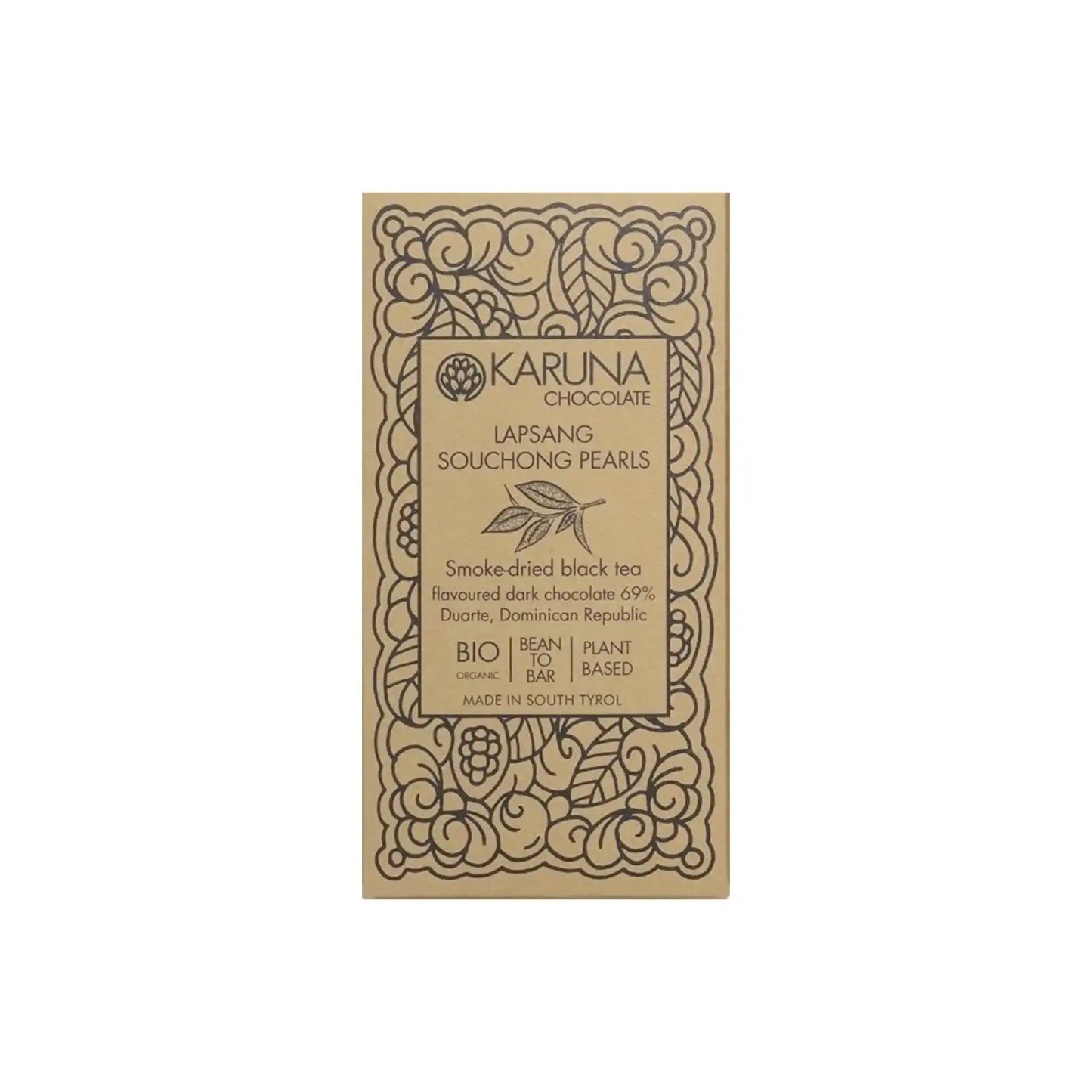 KARUNA DOMINICAN REPUBLIC 69% DARK CHOCOLATE WITH LAPSANG SOUCHONG PEARLS 60g