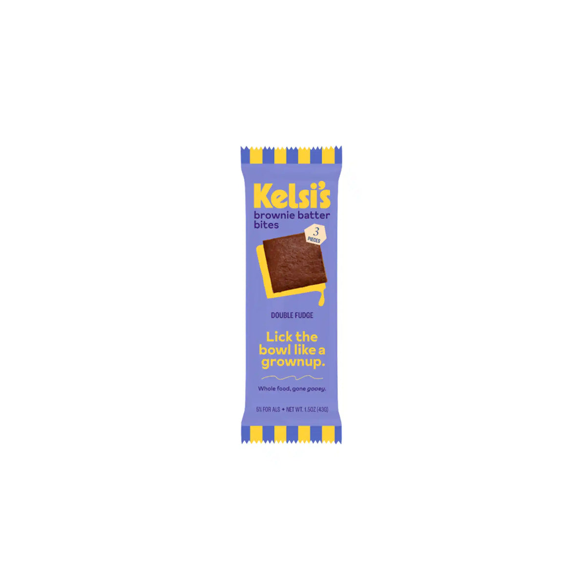 Kelsi's double fudge brownie batter bites snack package, 43g.