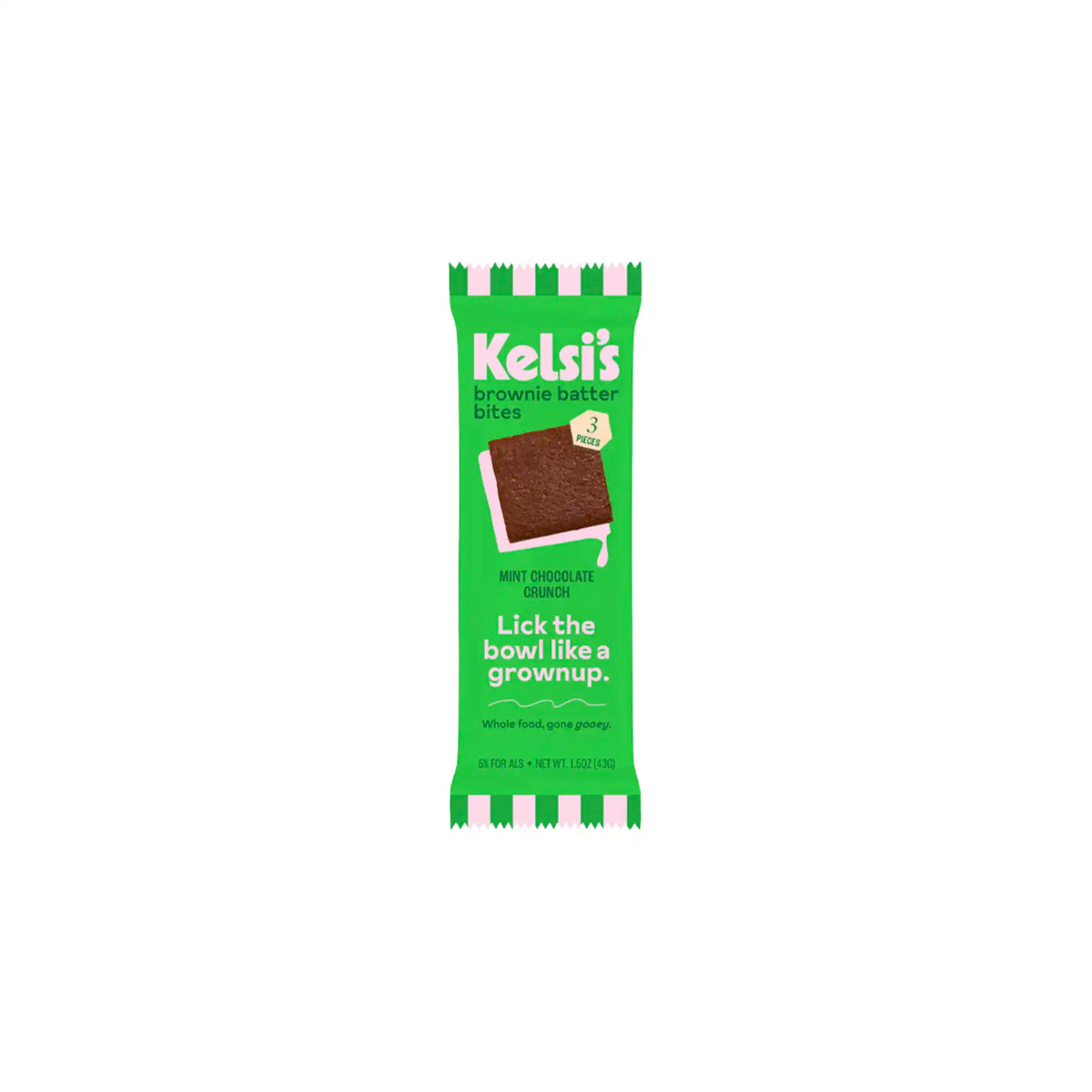 Kelsi's mint chocolate crunch brownie batter bites snack package, 43g.