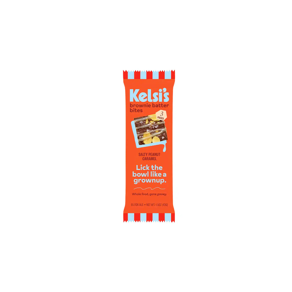 Kelsi's salty peanut caramel brownie batter bites snack package, 43g.
