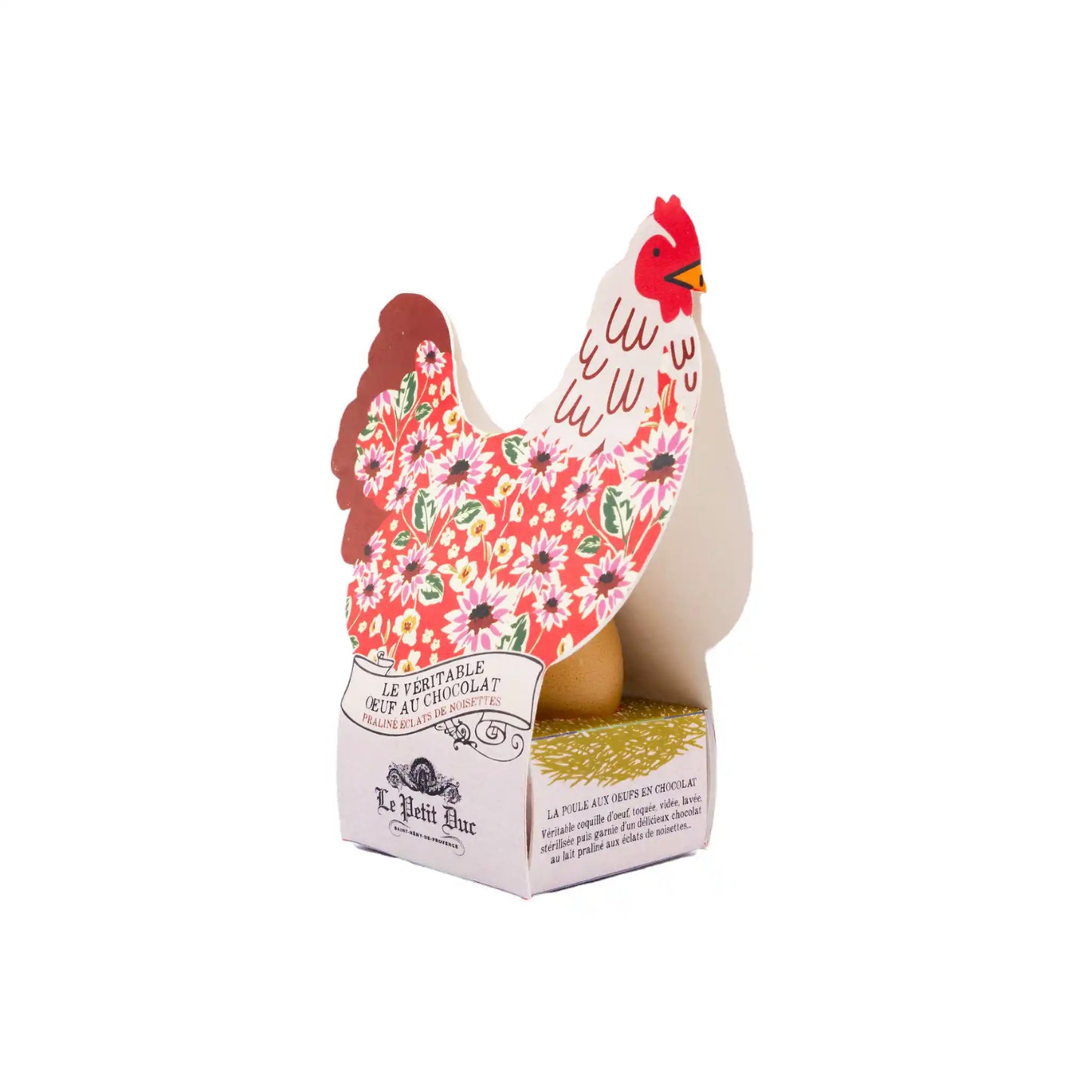 Le Petit Duc chocolate praline egg in a real eggshell nestled inside a decorative floral hen-shaped box, 50g.