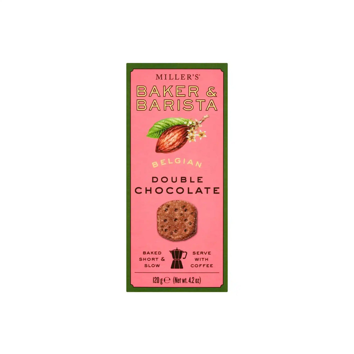Miller's Baker & Barista Belgian double chocolate shortbread cookies in coral packaging with cocoa pod illustration.