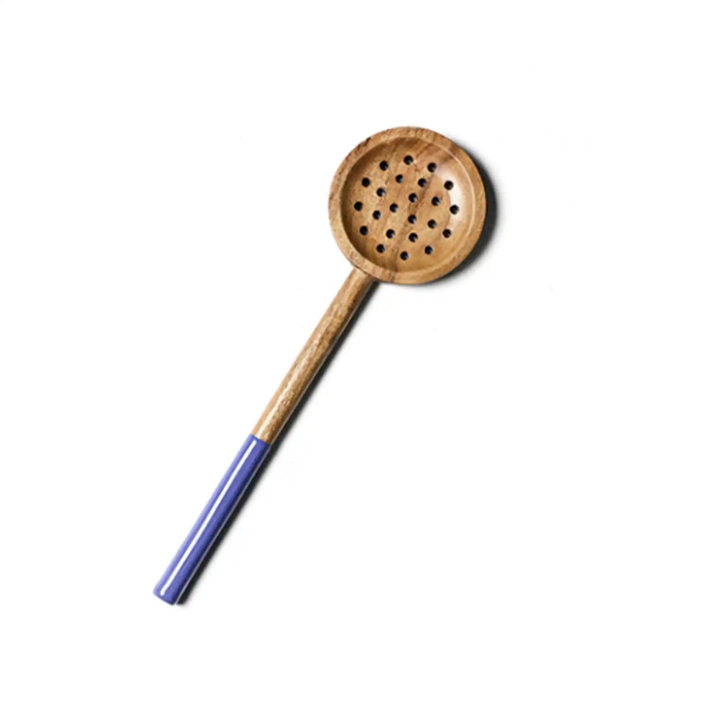 COTON COLORS WOODEN SLOTTED SPOON W/IRIS BLUE ENAMEL