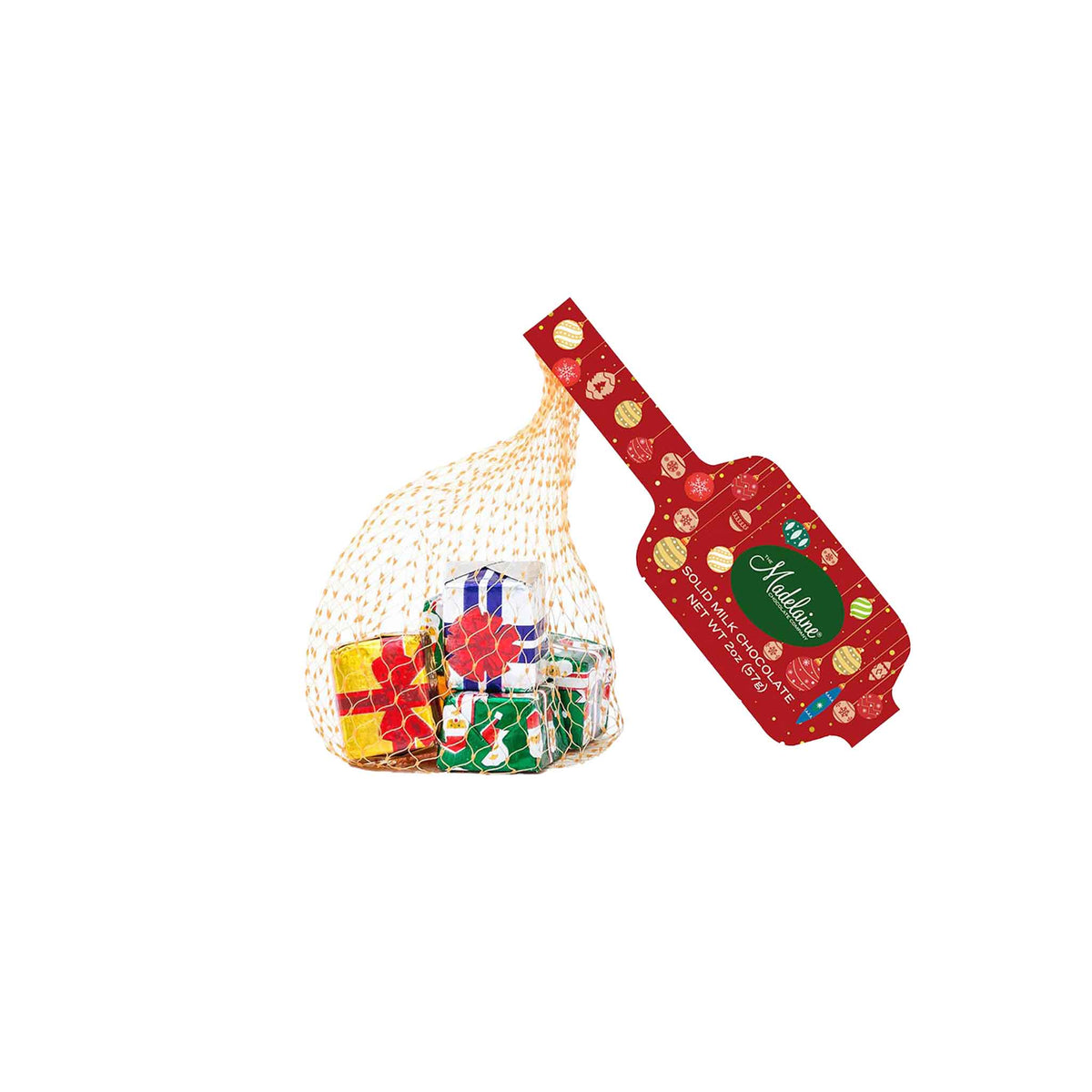 Decorative gift bag with milk chocolate shaped colorful presents