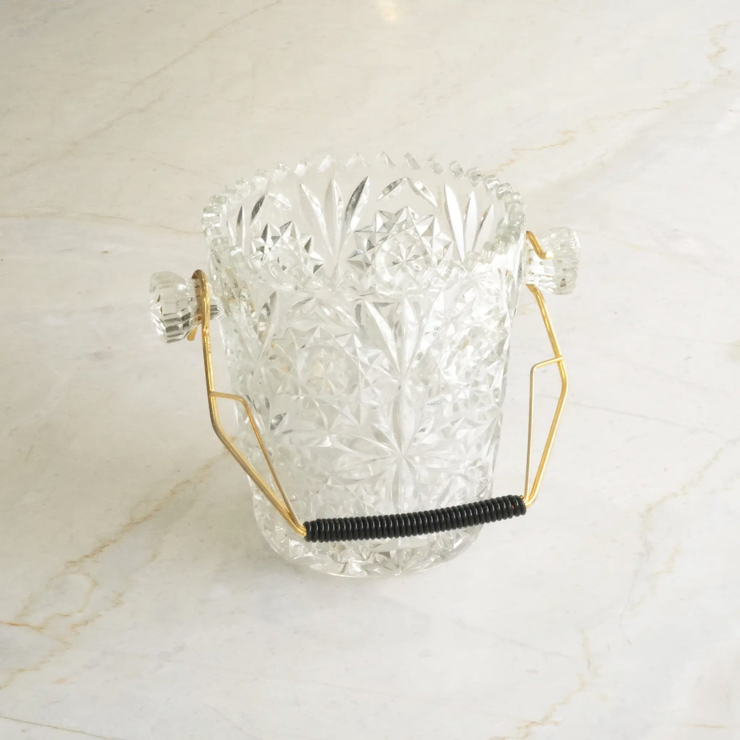 VINTAGE ICE BUCKET WITH COIL WIRE HANDLE - FLORAL GLASS