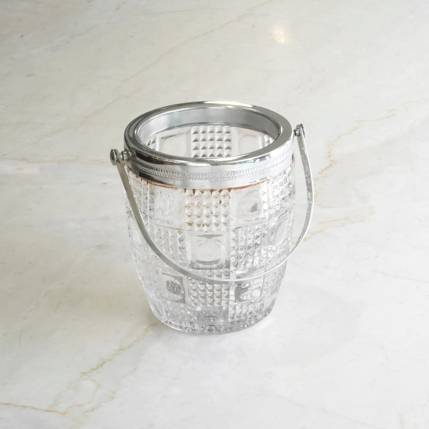 VINTAGE ICE BUCKET WITH STAINLESS HANDLE - CHECKERED GLASS