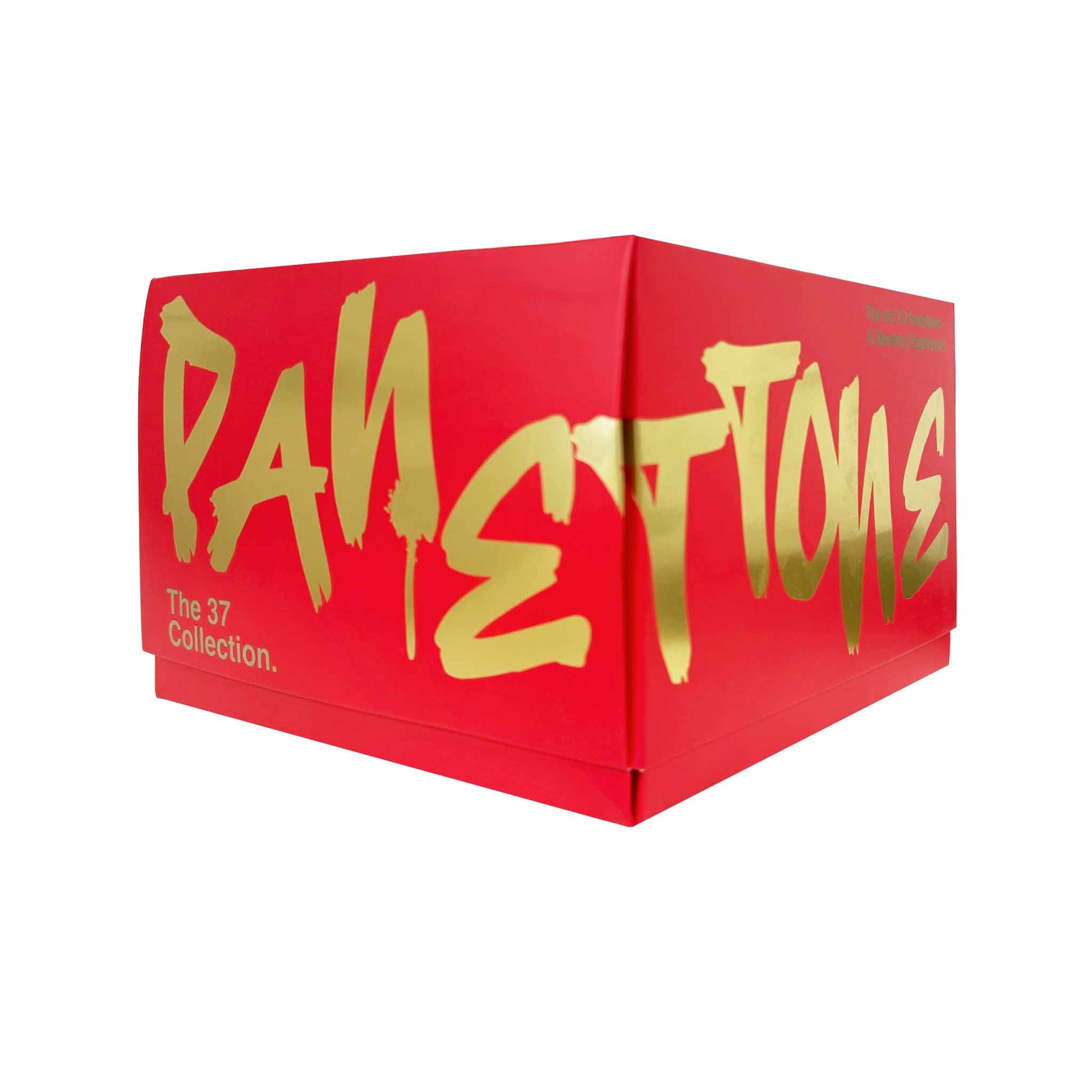 Red box with gold 'Pantone' with forest berries and white chocolate