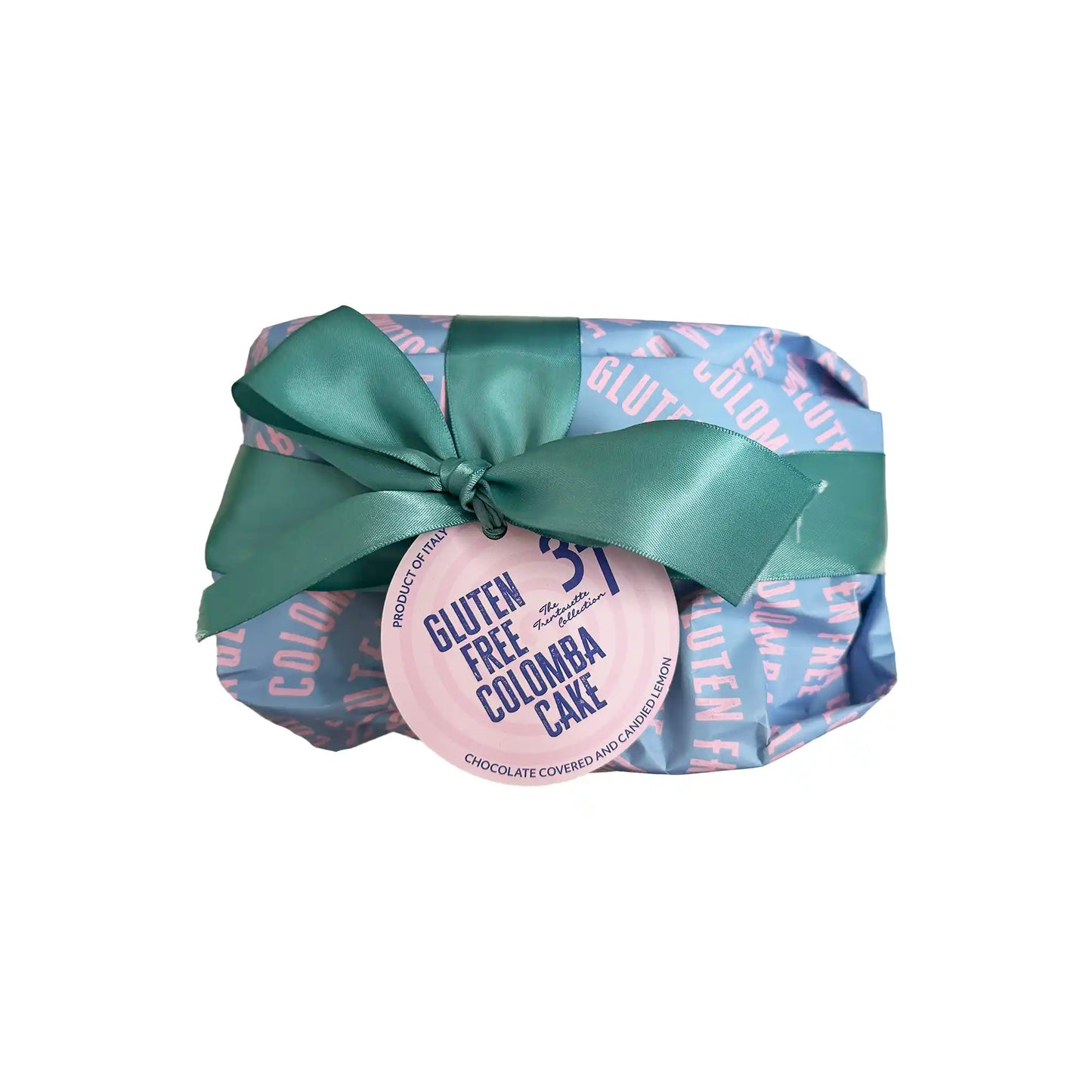 37 The Trentasette Collection Gluten Free Colomba Cake with chocolate and candied lemon 550g in blue and pink wrapping with teal ribbon.