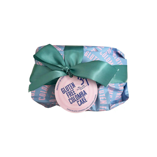 37 The Trentasette Collection Gluten Free Colomba Cake with chocolate and candied lemon 550g in blue and pink wrapping with teal ribbon.