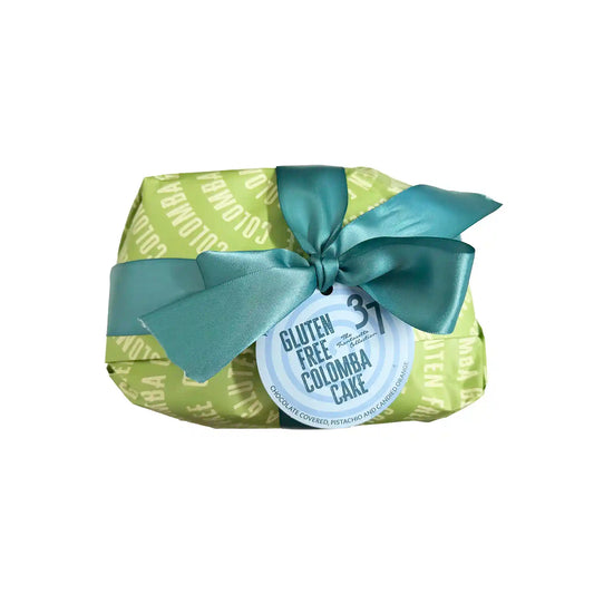 37 The Trentasette Collection Gluten Free Colomba Cake 550g in green packaging with teal ribbon and tag, on a white background.