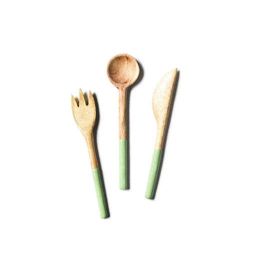 COTON COLORS WOOD APPETIZER UTENSIL 3 PIECE SET SAGE