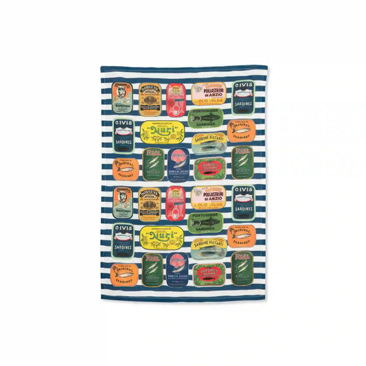 ABBOTT SARDINE TINS ON STRIPE KITCHEN TOWEL