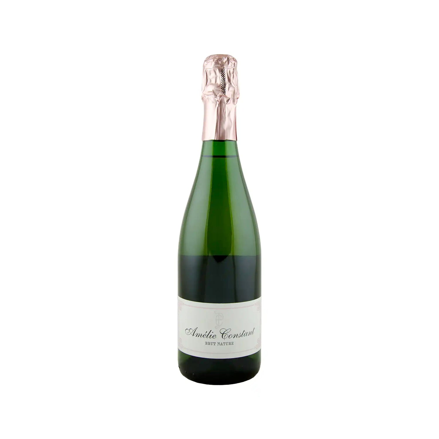 Amélie Constant Crémant Brut Nature 2021 750ml green bottle with a white label and silver foil top.