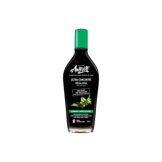 Antesite ultra-concentrated mint and licorice drink concentrate in a dark bottle with green cap, 130ml.