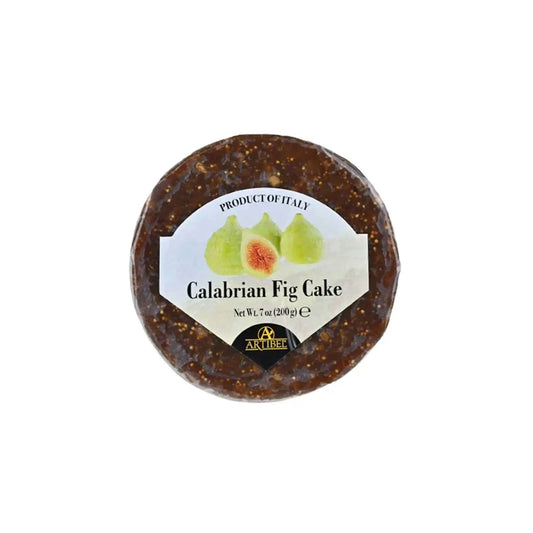 Artibel Calabrian fig cake 200g round with visible nuts and a label featuring fresh fig illustrations.
