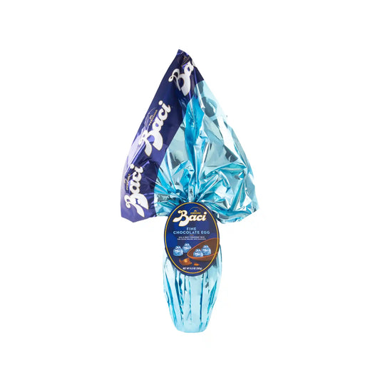 Baci milk chocolate Easter egg wrapped in metallic blue foil with hazelnut pralines, 265g.