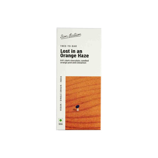 BON-FICTION LOST IN AN ORANGE HAZE 64% DARK CHOCOLATE BAR WITH ORANGE PEEL AND CINNAMON 55g