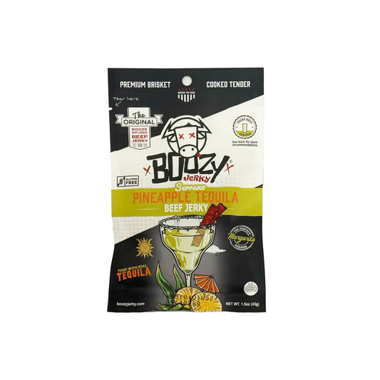 Boozy Jerky Pineapple Serrano Tequila beef jerky 1.5oz package with a margarita glass illustration.