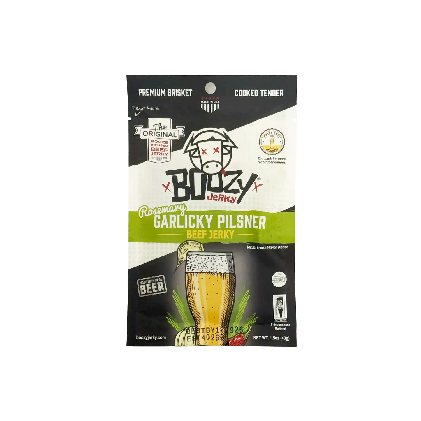 Boozy Jerky Rosemary Garlicky Pilsner beer-infused beef jerky 1.5oz package with a pilsner glass illustration.
