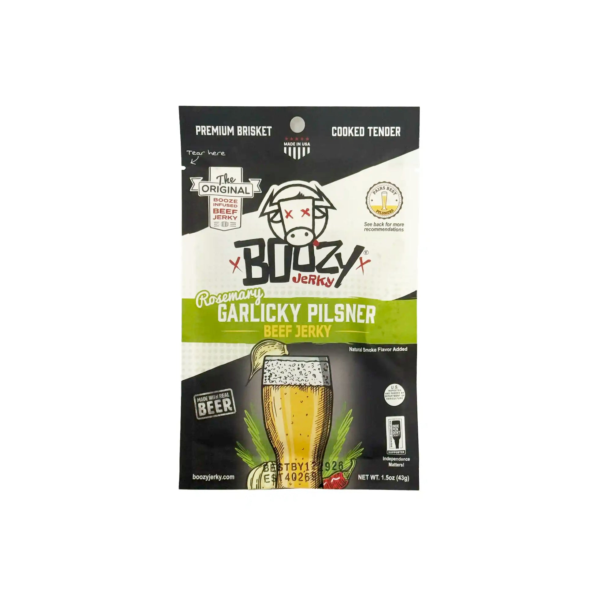 Boozy Jerky Rosemary Garlicky Pilsner beer-infused beef jerky 1.5oz package with a pilsner glass illustration.