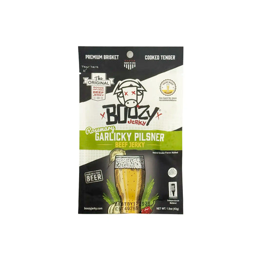 Boozy Jerky Rosemary Garlicky Pilsner beer-infused beef jerky 1.5oz package with a pilsner glass illustration.