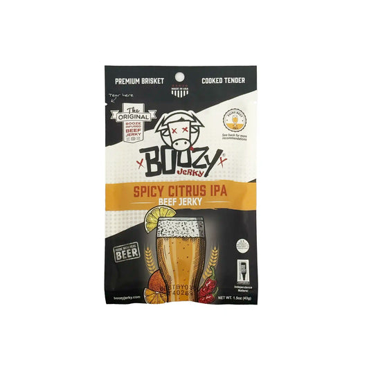 Boozy Jerky Spicy Citrus IPA beef jerky 1.5oz package with citrus and hop illustrations on a black and orange design.
