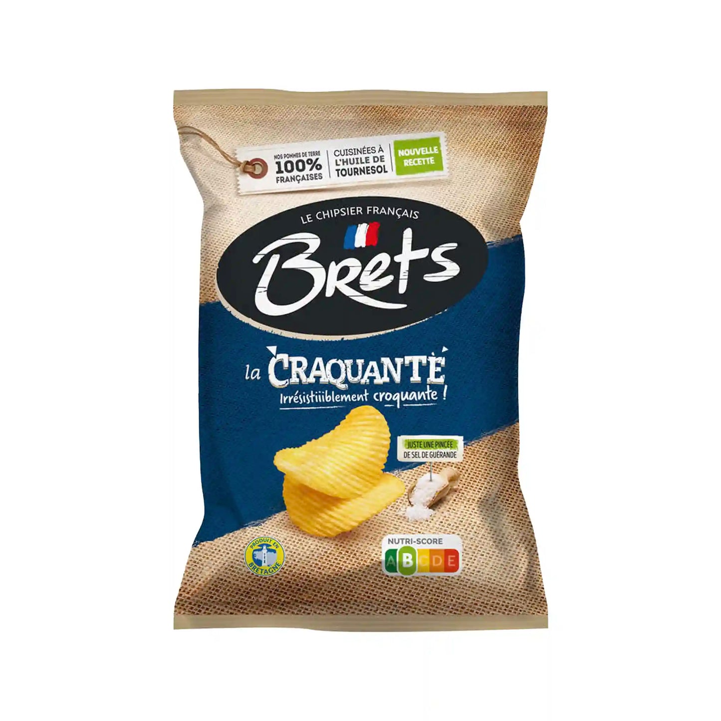 Brets La Craquante French potato chips with Guerande sea salt 125g bag in blue and beige packaging.