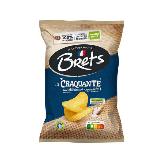 Brets La Craquante French potato chips with Guerande sea salt 125g bag in blue and beige packaging.