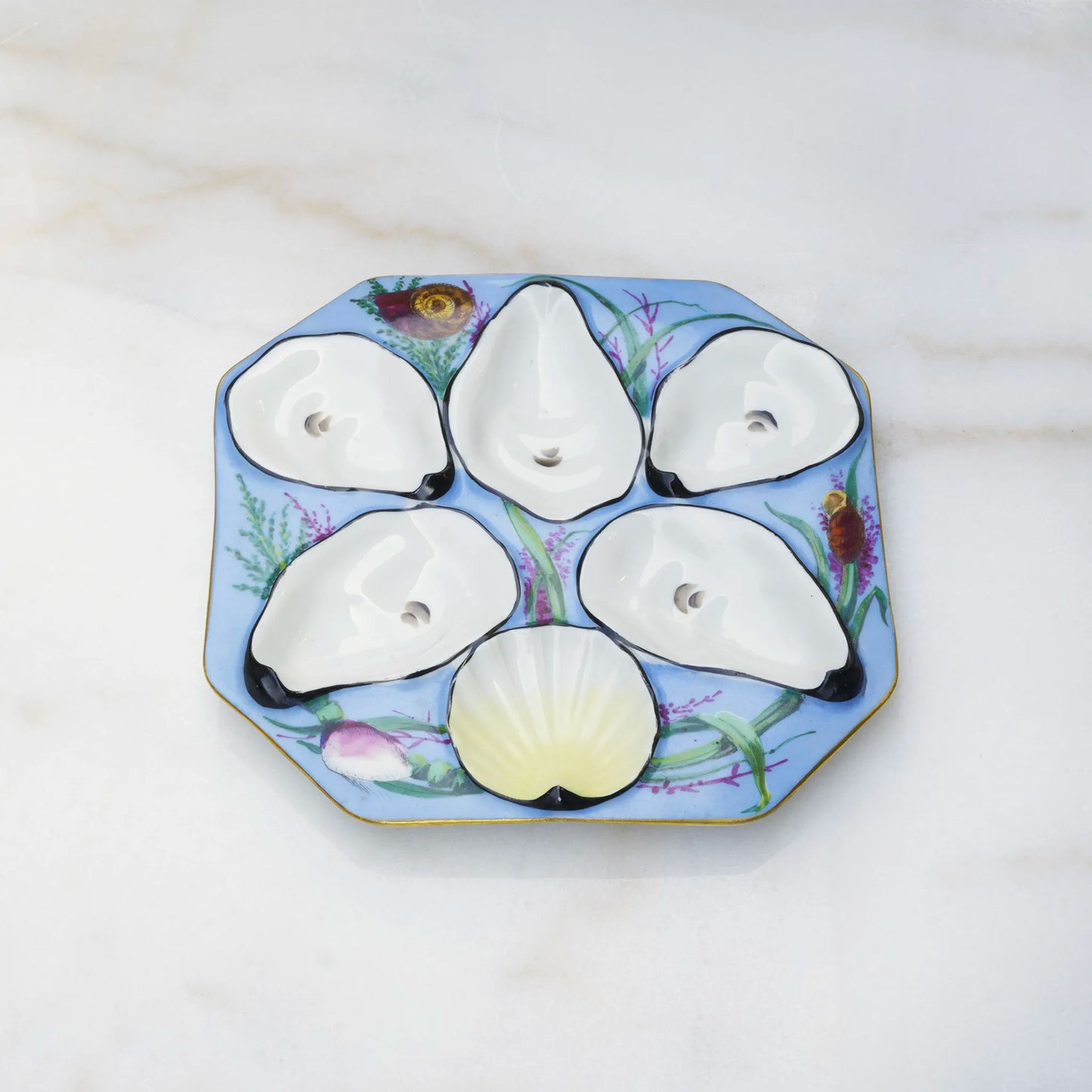Oscar Gutherz oyster plate with blue seascape painted wells