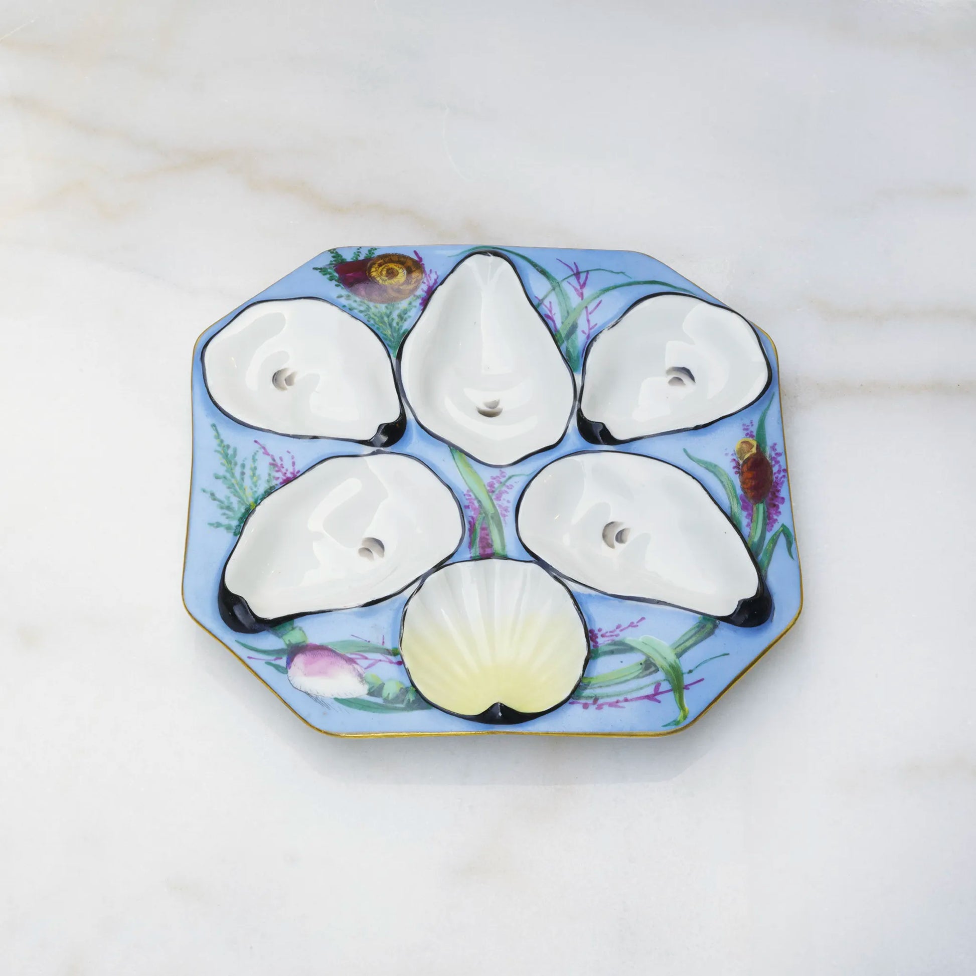 Oscar Gutherz oyster plate with blue seascape painted wells