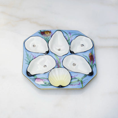 Oscar Gutherz oyster plate with blue seascape painted wells