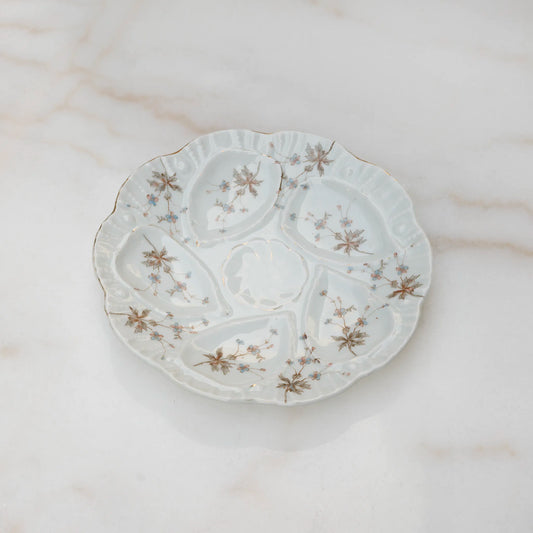 VINTAGE LIMOGES OYSTER PLATE 19TH CENTURY - BLUE & BROWN FLORAL
