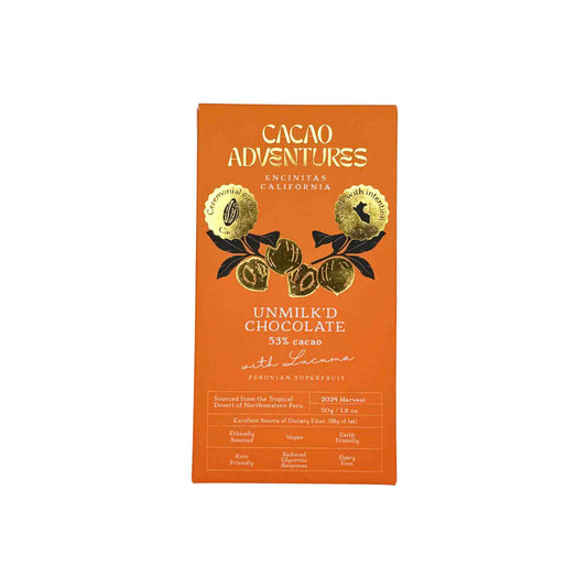CACAO ADVENTURES UNMILK'D 53% CACAO CHOCOLATE BAR WITH LUCUMA 50g