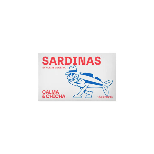Calma & Chicha small sardines in olive oil, 115g tin with illustrated red and blue label.