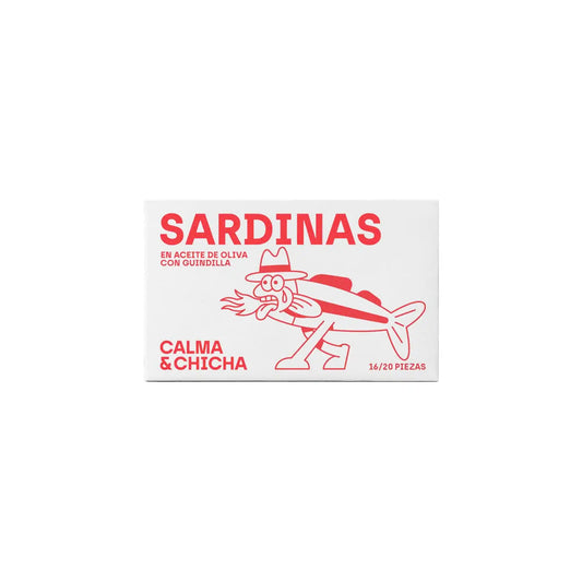 Calma & Chicha small sardines in olive oil with chili, 115g tin with illustrated red and white label.