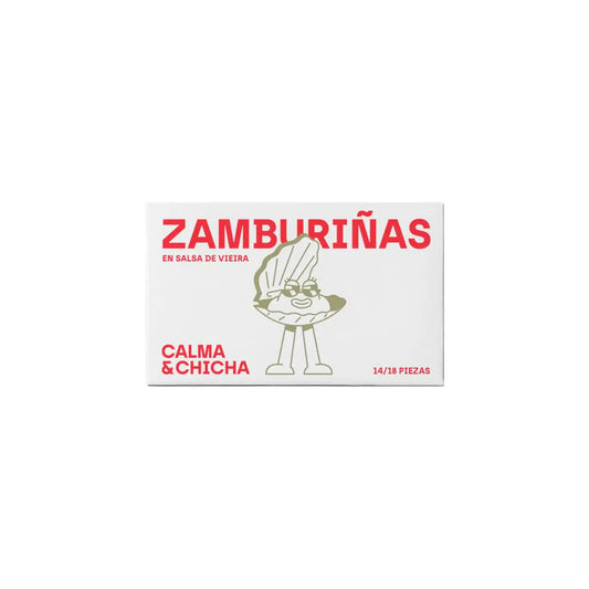 Calma & Chicha variegated scallops in scallop sauce, 110g tin with illustrated red and white label.