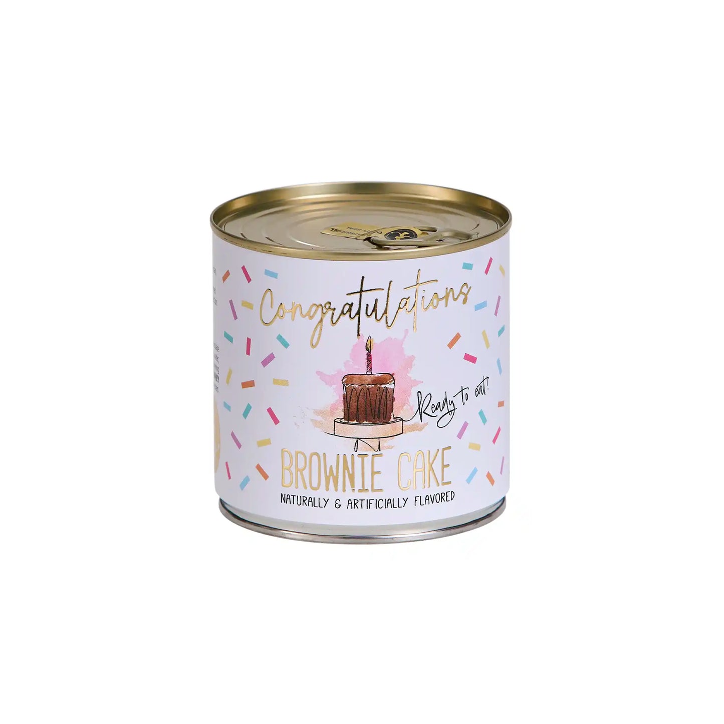 Can Cakes Congratulations brownie cake 140g in a festive celebration-themed tin can.