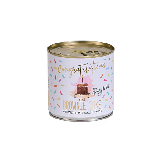 Can Cakes Congratulations brownie cake 140g in a festive celebration-themed tin can.