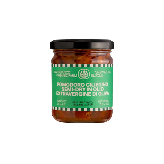 CAPOBIANCO ORGANIC SEMI DRIED CHERRY TOMATOES IN EXTRA VIRGIN OLIVE OIL 190g