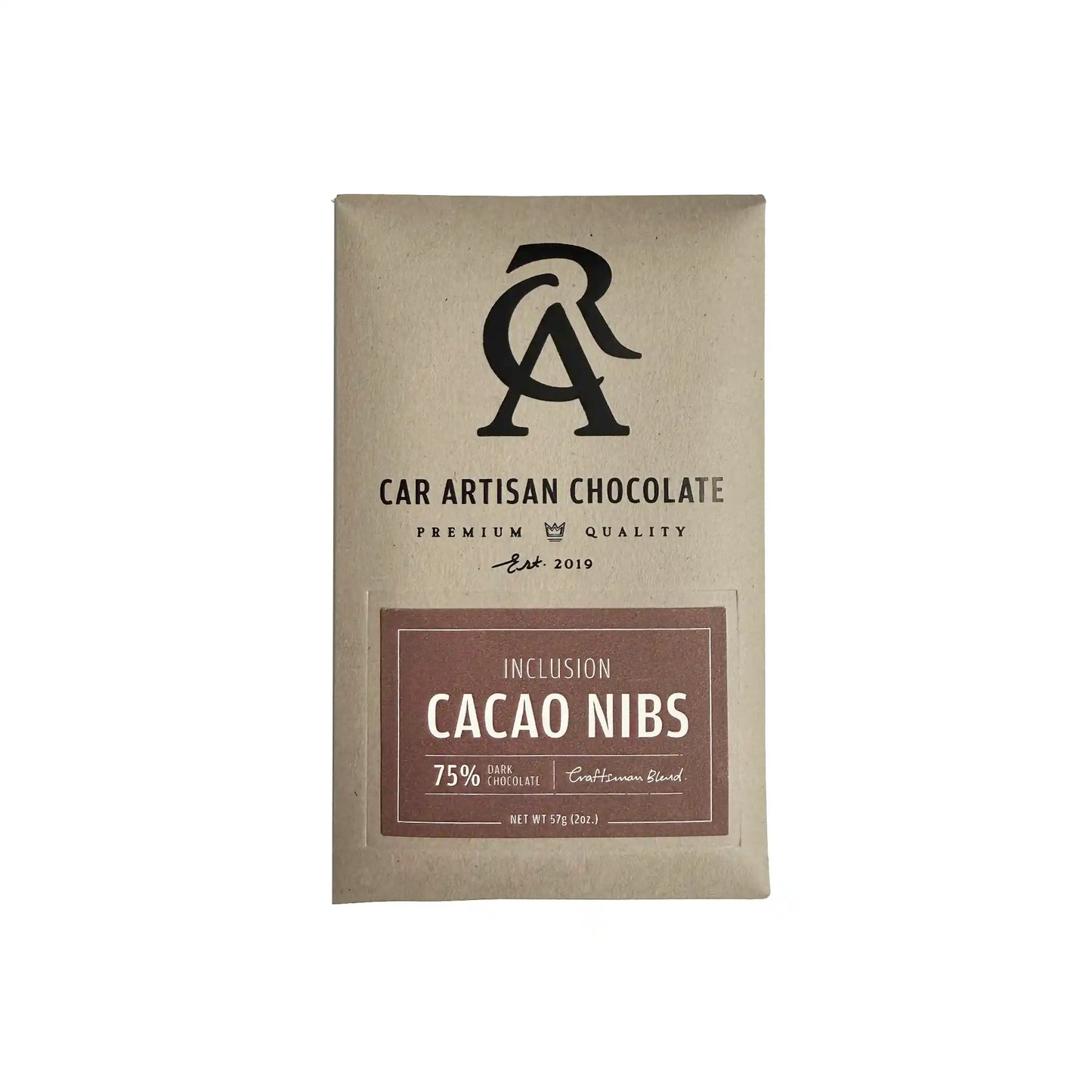 CAR ARTISAN CHOCOLATE 75% DARK CHOCOLATE WITH CACAO NIBS 2oz