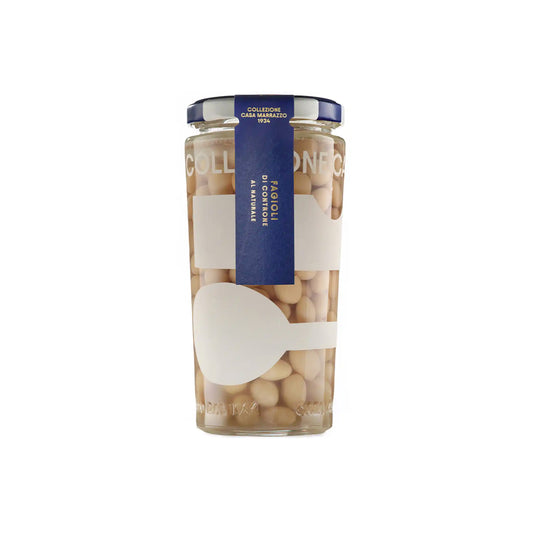Casa Marrazzo Fagioli di Controne beans in a 300ml glass jar with a navy blue label and gold lettering.