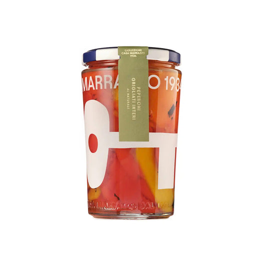 Casa Marrazzo whole grilled peppers in a 500g glass jar showing colorful red and yellow peppers in oil.