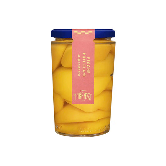 Casa Marrazzo Pesche Puteolane preserved yellow peaches in syrup in a 500g glass jar with a pink label.