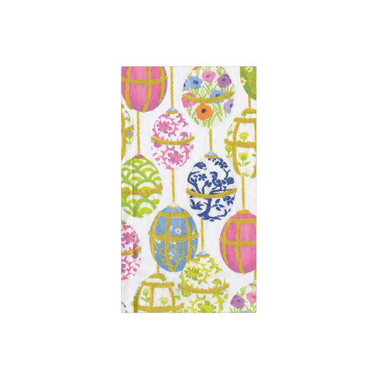 Caspari Les Oeufs decorative paper guest towels with colorful Easter egg pattern in pink, blue, and green.